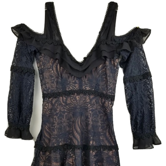 🍋 New For Love & Lemons Navy Blue Bridget Cold Shoulder Mini Dress  Small NWOT - Picture 6 of 12